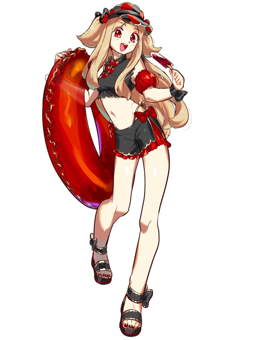 :d bad_leg bikini black_nails blonde_hair bow dairoku_ryouhei female food hair_ornament hat highres holding holding_food holding_popsicle holding_swim_ring inflatable_armbands innertube kamota_(momokomati) lilia_ortolan long_hair looking_at_viewer midriff navel popsicle red_bow red_eyes red_nails sandals side-tie_bikini_bottom smile solo swim_ring swimsuit transparent_background very_long_hair