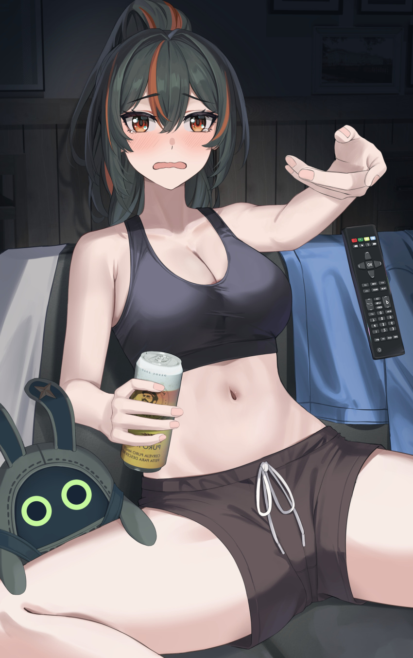 absurdres alternate_costume bangboo_(zenless_zone_zero) bare_shoulders beer_can black_hair black_shirt black_shorts blush breasts can cleavage commentary controller couch crop_top drink_can dropping embarrassed feet_out_of_frame female gaitoou hair_between_eyes highres holding holding_can indoors jacket large_breasts long_hair looking_at_viewer midriff multicolored_hair navel on_couch orange_eyes orange_hair ponytail remote_control shirt shorts sidelocks sitting solo streaked_hair tearing_up unworn_jacket zenless_zone_zero zhu_yuan