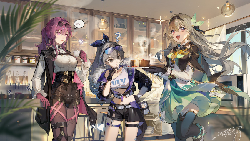 3girls :d ? absurdres aqua_skirt asona black_hairband black_jacket black_shorts black_thighhighs breasts cake commentary_request cowboy_shot crop_top eyewear_on_head firefly_(honkai:_star_rail) food gloves grey_hair hairband high-waist_shorts highres holding holding_plate honkai:_star_rail honkai_(series) indoors jacket kafka_(honkai:_star_rail) long_hair long_sleeves medium_breasts midriff miniskirt multiple_girls open_clothes open_jacket pantyhose pantyhose_under_shorts plate purple_eyes purple_gloves purple_hair shirt short_shorts shorts silver_wolf_(honkai:_star_rail) single-shoulder_shirt skirt smile standing stomach sunglasses thigh_strap thighhighs white_shirt