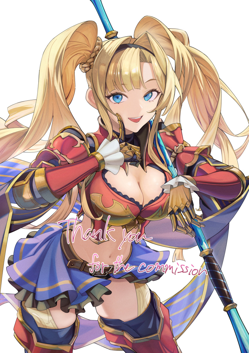 :d armor blonde_hair blue_eyes blue_skirt boots breasts cleavage_cutout closed_mouth clothing_cutout commentary commission english_commentary female finger_to_cheek gauntlets granblue_fantasy hair_intakes hairband highres holding holding_polearm holding_weapon kanpiro large_breasts leg_armor long_hair looking_at_viewer miniskirt mixed-language_commentary polearm red_armor skirt smile solo thighhighs thighhighs_under_boots twintails weapon white_background zeta_(granblue_fantasy)