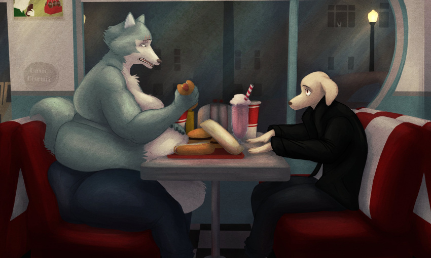 anthro artist_name basicbiscuit beastars being_watched belly belly_overhang beverage black_clothing black_eyebrows black_jacket black_topwear blue_bottomwear blue_clothing blue_jeans blue_pants booth bottomwear brown_pupils burger canid canine canis car checkered checkered_floor clothed clothing container cup denim denim_bottomwear denim_clothing disposable_cup domestic_dog drinking_straw duo eating eating_food eyebrows facial_scar facial_tuft fat_rolls female food fur furniture grey_body grey_fur hanging_belly haru_(beastars) hi_res hot_dog inside jack_(beastars) jacket jeans junk_food legoshi_(beastars) long_ears looking_at_another looking_at_food looking_at_object love_handles male male/female male/male mammal milkshake moobs obese obese_anthro obese_male overweight overweight_anthro overweight_male pants plastic pupils scar soda soft_drink street_lamp table tail teeth topless topless_male topwear tuft vehicle watching_from_afar white_body white_fur window wolf yellow_body yellow_fur