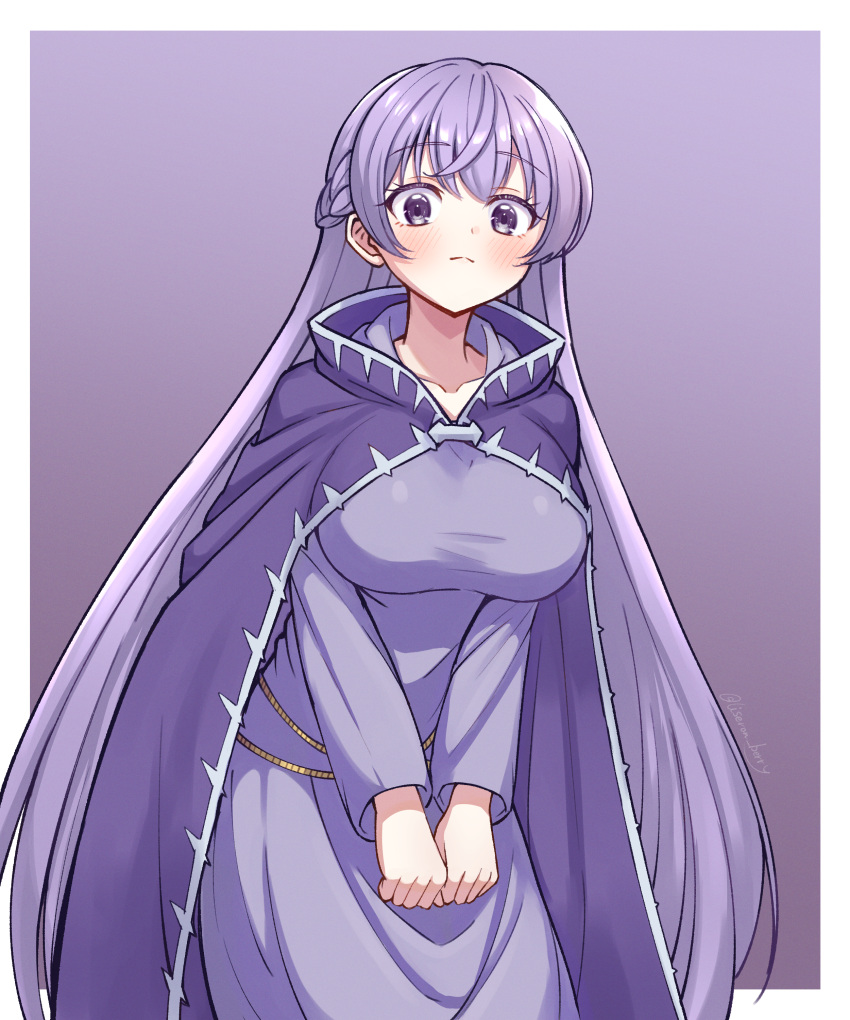 absurdres blush border breasts cape closed_mouth dress female fire_emblem fire_emblem:_the_binding_blade highres large_breasts lise_imo long_hair looking_at_viewer outside_border purple_background purple_cape purple_dress purple_eyes purple_hair solo sophia_(fire_emblem) very_long_hair white_border