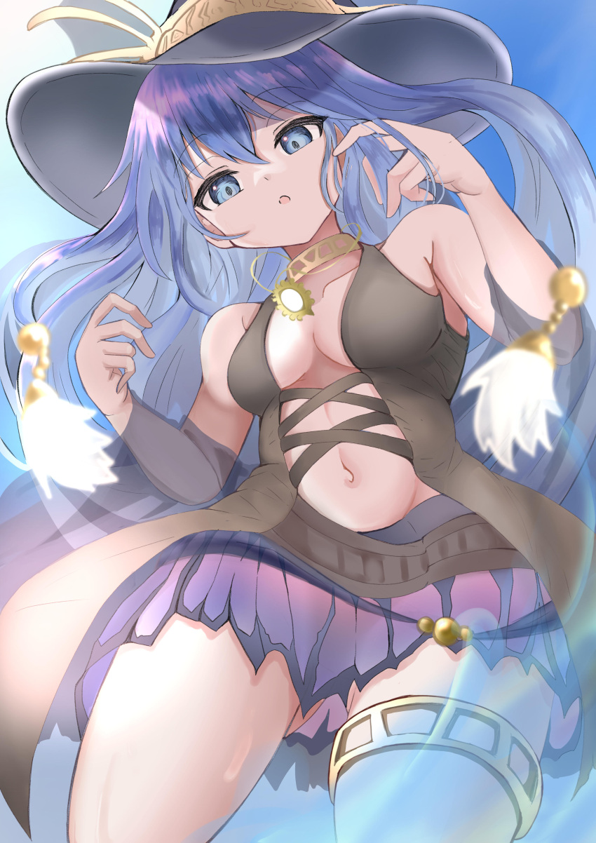 absurdres adapted_costume ariel_(yu-gi-oh!) ariel_priestess_of_the_nekroz black_shirt blue_eyes blue_hair breasts cleavage clothing_cutout duel_monster female ferlut from_below hair_between_eyes hat highres long_hair looking_at_viewer medium_breasts midriff navel purple_skirt shirt skirt sleeveless sleeveless_shirt stomach_cutout thigh_strap very_long_hair witch_hat yu-gi-oh!