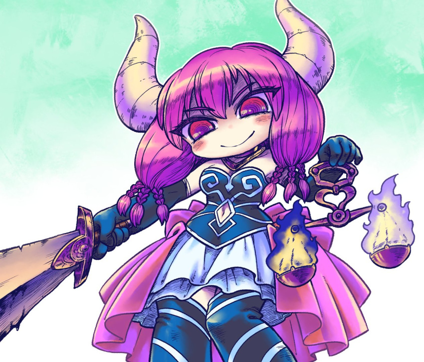 2021 2_horns aura_the_guillotine balance_scale blue_clothing clothing demon demon_humanoid female frieren_beyond_journey's_end hair hakuyou horn humanoid melee_weapon purple_eyes purple_hair simple_background solo sword teal_background weapon