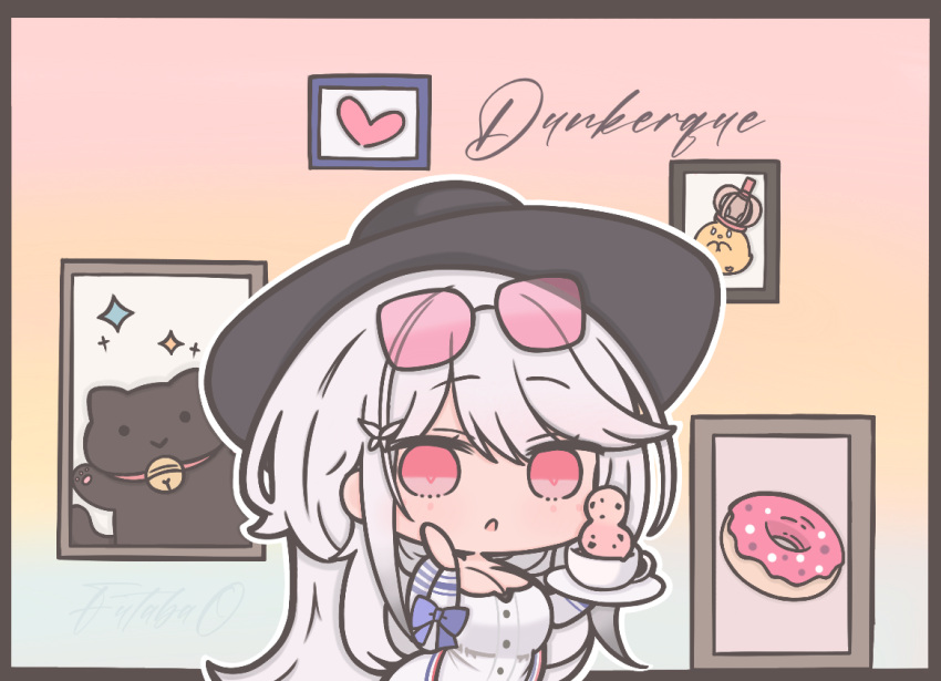 algerie_(azur_lane) algerie_(azur_lane)_(cosplay) artist_name azur_lane bell black_cat black_hat blue_bow bow breasts butterfly_hair_ornament character_name chibi chibi_only cleavage coffee commentary cosplay crown cup doughnut dunkerque_(afternoon_venus)_(azur_lane) dunkerque_(azur_lane) eyewear_on_head feline female food french_flag futaba_(anti_clockwise) grey_hair hair_ornament hand_on_own_cheek hand_on_own_face hat heart holding holding_cup indoors jacket jingle_bell large_breasts long_hair long_sleeves looking_at_viewer manjuu_(azur_lane) neck_bell official_alternate_costume photo_(object) picture_frame pink-tinted_eyewear red_eyes solo sparkle sunglasses symbol-only_commentary tinted_eyewear very_long_hair white_jacket