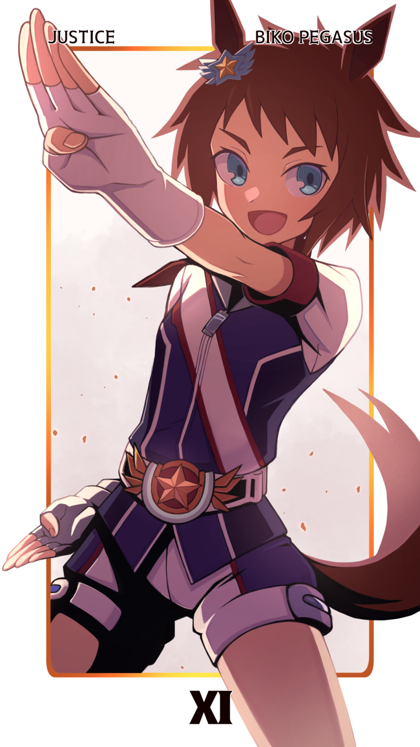 animal_ears biko_pegasus_(umamusume) blue_eyes brown_hair character_name female gloves hibun_tsukasa highres horse_ears horse_girl justice_(tarot) looking_at_viewer open_mouth outstretched_arm short_hair short_sleeves shorts solo tarot umamusume white_gloves