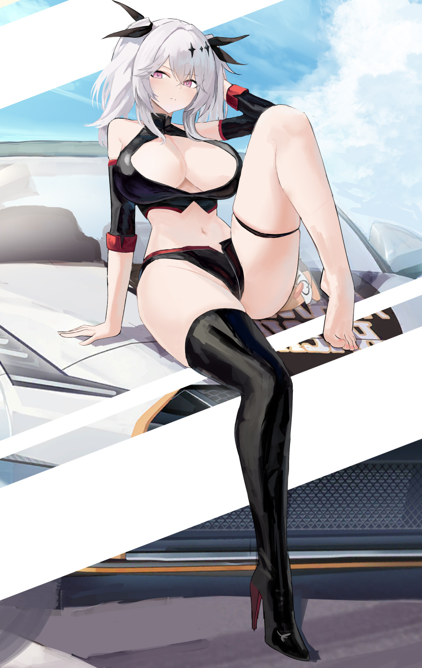 absurdres arm_up azur_lane bare_legs bare_shoulders barefoot black_footwear black_shirt black_shorts black_thighhighs boots breasts car cleavage cleavage_cutout closed_mouth clothing_cutout crop_top detached_sleeves expressionless feet female hair_ribbon high_heel_boots high_heels highres joffre_(azur_lane) joffre_(blessings'_first_flight)_(azur_lane) large_breasts leg_up long_hair long_sleeves looking_at_viewer micro_shorts midriff motor_vehicle navel official_alternate_costume open_fly pink_eyes race_queen revealing_clothes ribbon shirt shorts single_thigh_boot sitting skindentation sleeveless sleeveless_shirt solo sports_car stomach suo_bu_ye_feng thigh_boots thigh_strap thighhighs thighs toes twintails white_hair zipper