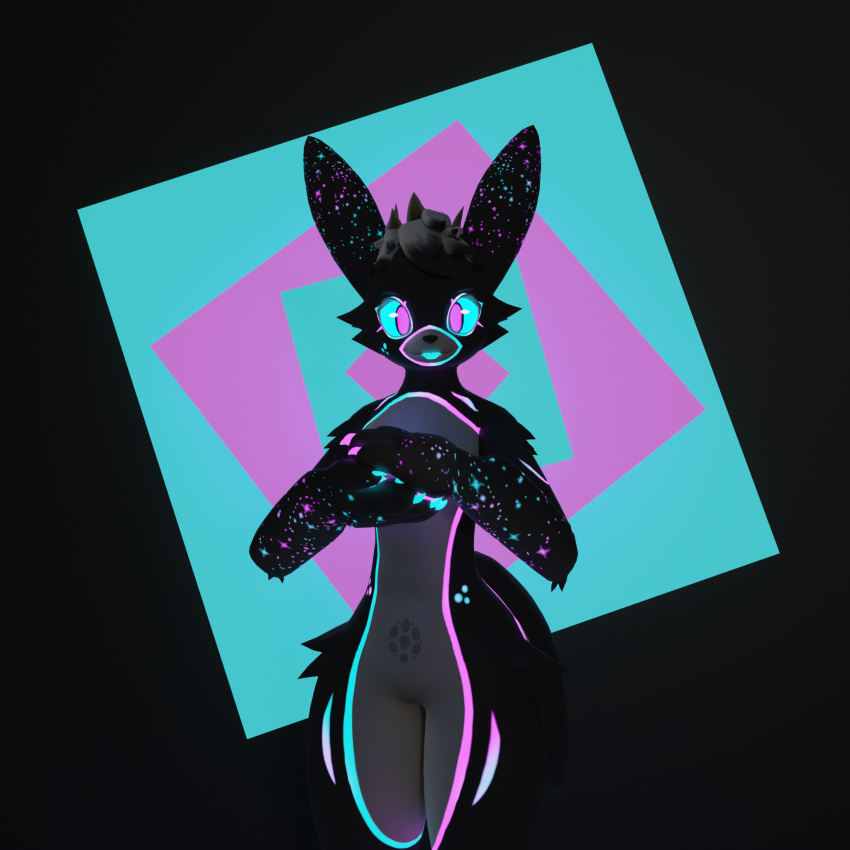 1:1 3d_(artwork) anthro biped black_body black_hair blue_markings blue_sclera claws digital_media_(artwork) featureless_crotch finger_claws front_view geometric_background grey_body hair hi_res looking_at_viewer male markings multicolored_markings no_pupils pink_eyes pink_markings portrait rebuffed_(artist) simple_background solo spectrum standing star_pattern three-quarter_portrait two_tone_markings