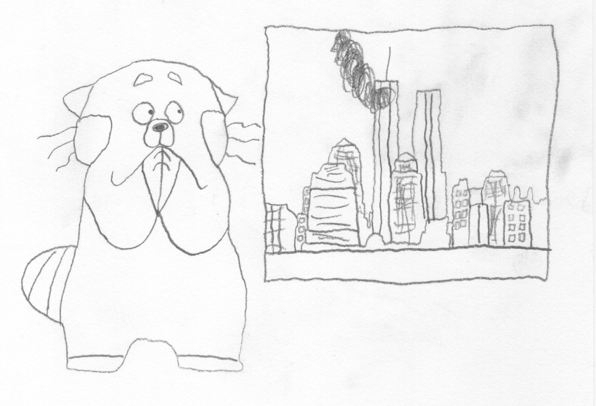 9/11 ailurid anthro building building_destruction destruction disney female graphite_(artwork) mammal meilin_lee_(turning_red) monochrome new_york_city pencil_(artwork) pixar red_panda shocked smoke solo tanimationllc traditional_media_(artwork) turning_red world_trade_center