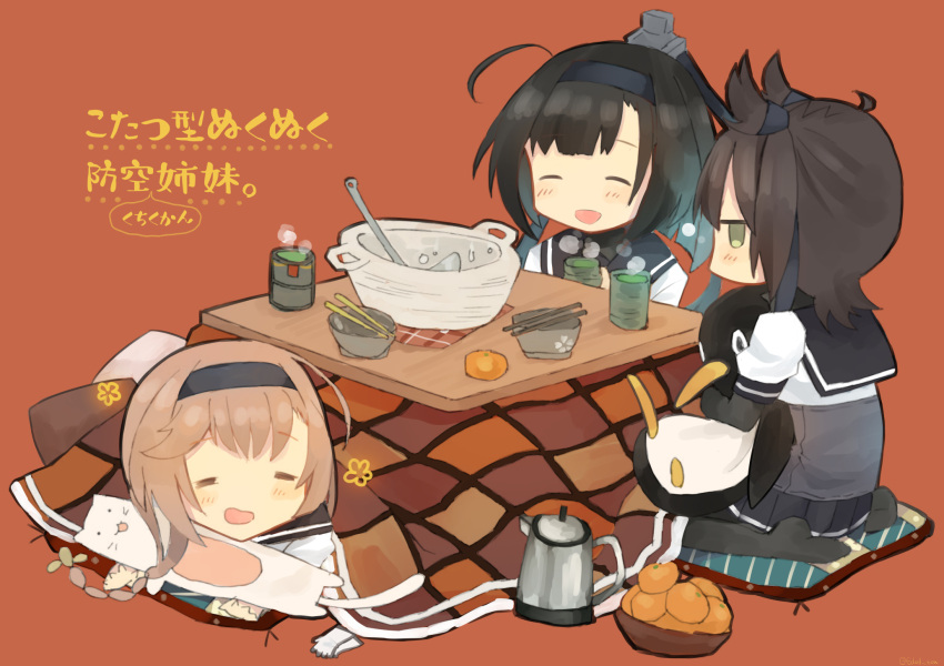 3girls akizuki_(kancolle) bad_id bad_twitter_id blush bodysuit bowl brown_hair chibi chopsticks commentary_request corset cup cushion food fruit fujiyama_ichiha hatsuzuki_(kancolle) highres kantai_collection kotatsu ladle light_brown_hair mandarin_orange medium_hair multiple_girls pot puffy_short_sleeves puffy_sleeves sailor_collar school_uniform serafuku short_sleeves smile table tea teruzuki_(kancolle) yunomi zabuton