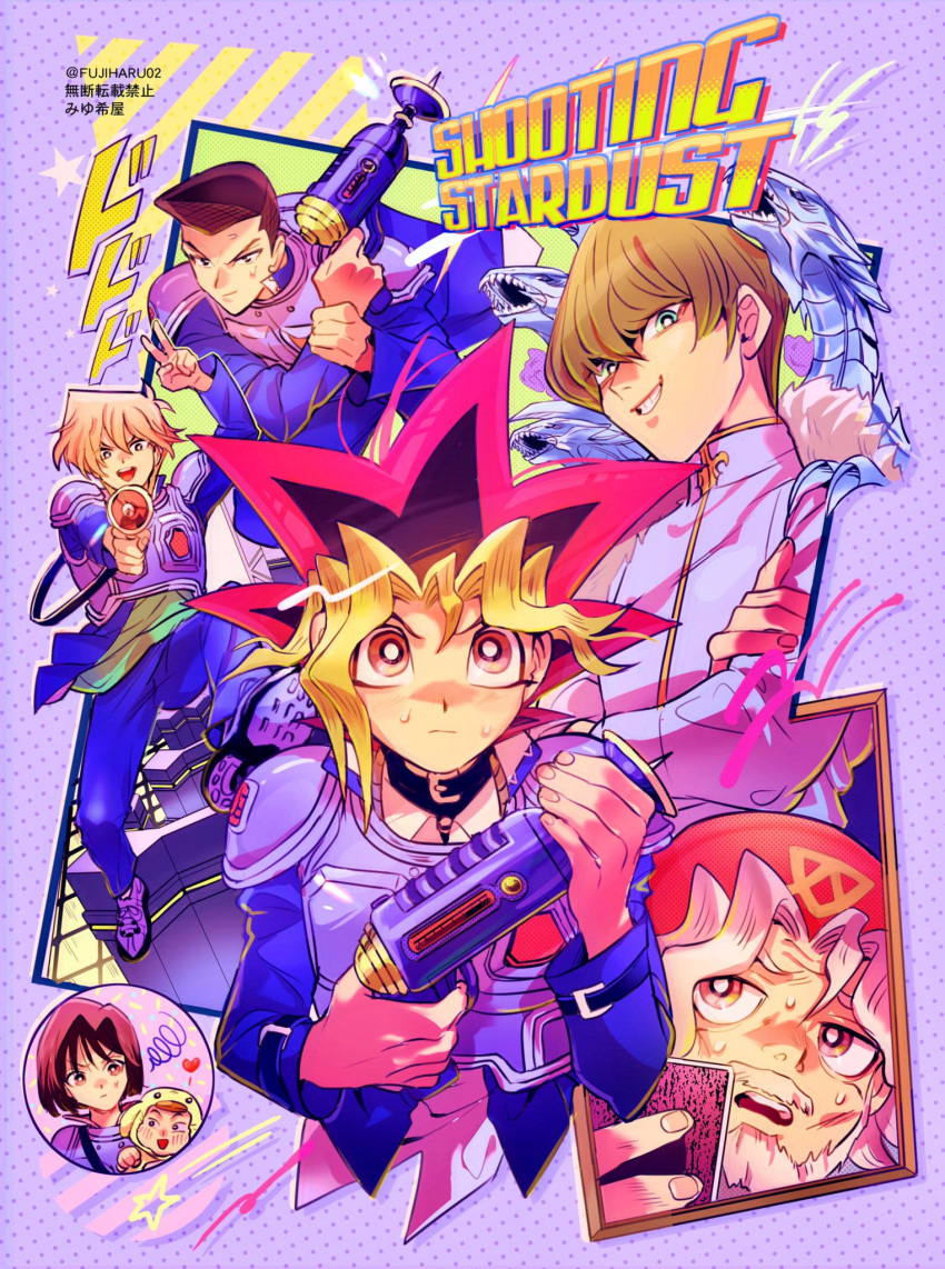 6+boys armor blonde_hair blue-eyes_white_dragon blue_eyes blush brown_hair card character_request commentary_request domino_high_school_uniform dyed_bangs female fujiharu_(akamine) grin hat heart highres holding holding_card honda_hiroto jonouchi_katsuya kaiba_seto long_sleeves mazaki_anzu multiple_boys muto_sugoroku muto_yugi old old_man pants school_uniform shirt shoes short_hair smile spiked_hair squiggle star_(symbol) teeth twitter_username yu-gi-oh! yu-gi-oh!_(toei)