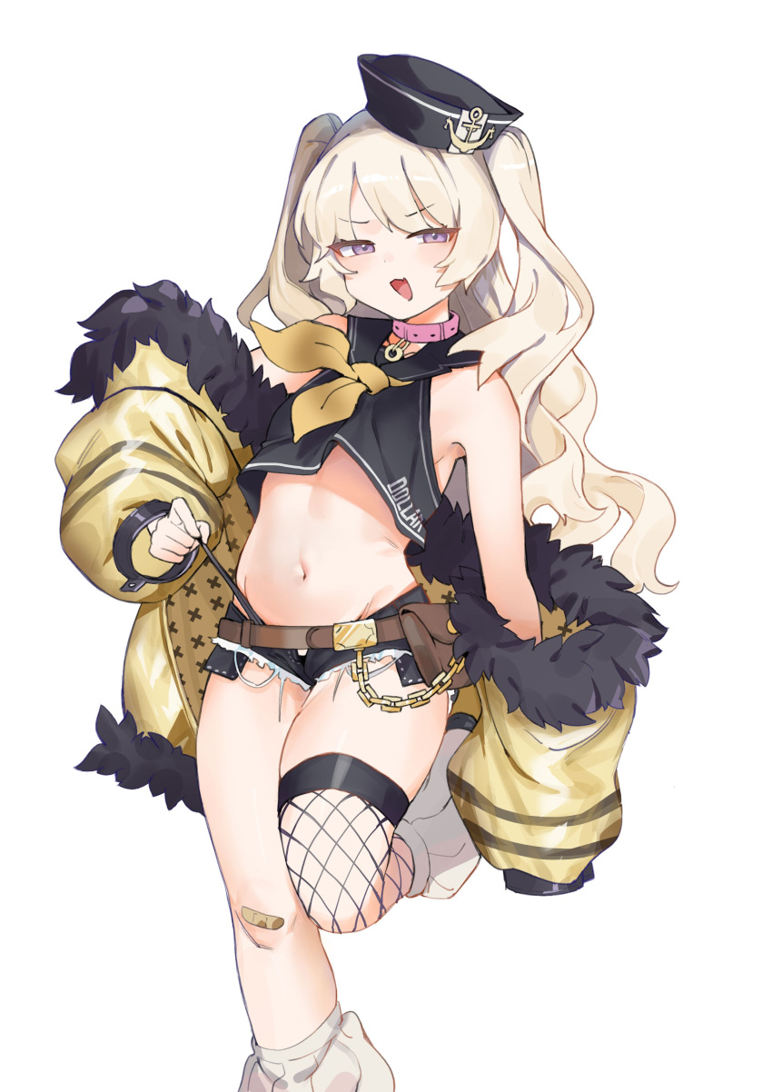 absurdres azur_lane bache_(azur_lane) bad_id bad_pixiv_id bandaid bandaid_on_knee bandaid_on_leg belt black_hat black_shirt black_shorts blonde_hair blush brown_belt crop_top female fishnet_thighhighs fishnets fur-trimmed_jacket fur_trim groin hat highres hufy jacket leg_warmers long_hair micro_shorts midriff navel neckerchief off_shoulder open_mouth purple_eyes shirt shorts simple_background single_thighhigh sleeveless sleeveless_shirt solo strap_pull thighhighs two_side_up white_background yellow_jacket yellow_neckerchief