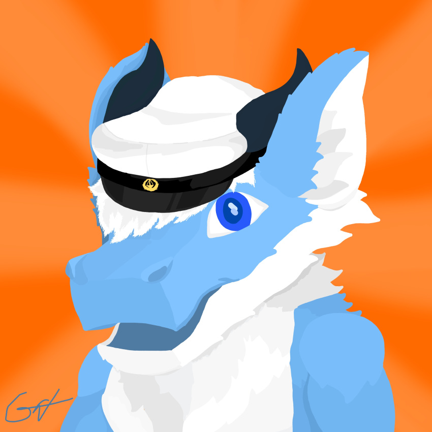 1:1 2022 absurd_res anthro blue_body blue_eyes blue_fur bust_portrait digital_media_(artwork) dragon felkin fur furred_dragon furred_scalie galma galma_(character) graduation_cap hair hi_res horn male mammal mythological_creature mythological_scalie mythology open_mouth portrait scalie signature simple_background solo white_body white_fur white_hair