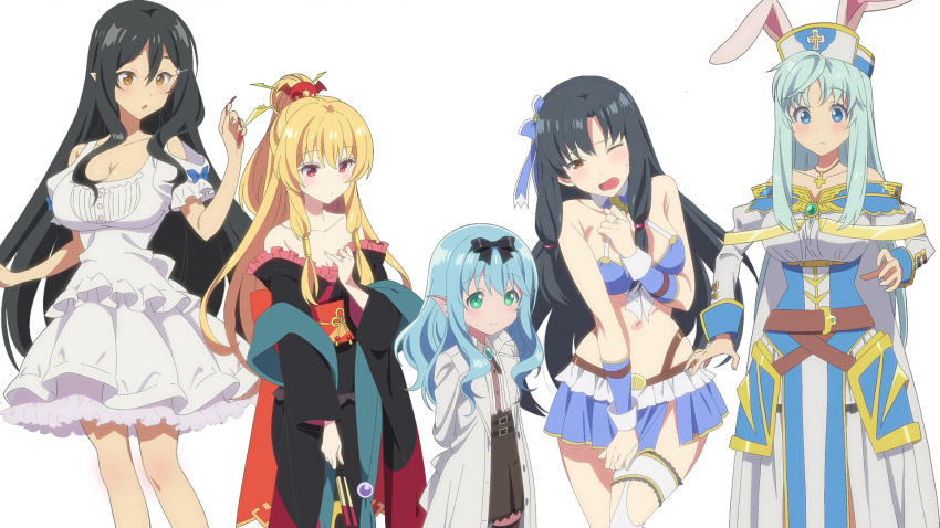 5girls animal_ears anime_screenshot aqua_hair arifureta_shokugyou_de_sekai_saikyou black_hair blonde_hair blue_eyes brown_eyes character_request cosplay costume_switch highres japanese_clothes long_hair multiple_girls non-web_source rabbit_ears red_eyes shea_haulia shirasaki_kaori third-party_edit tio_clarce white_background yellow_eyes yue_(arifureta)