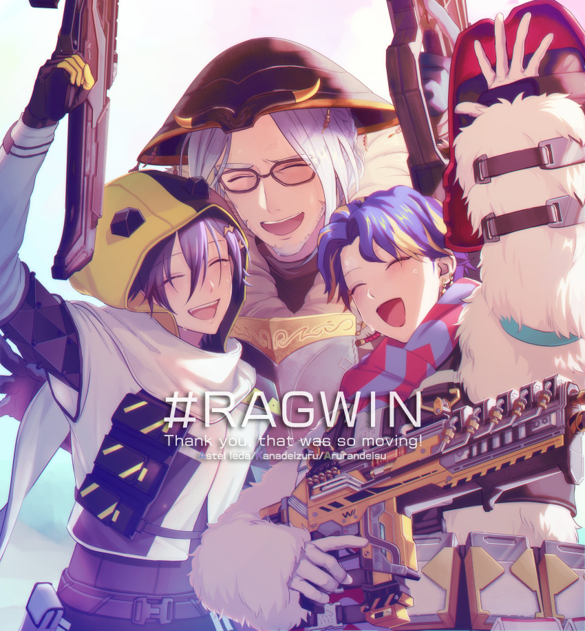 3boys ^_^ absurdres alternate_costume apex_legends arurandeisu assault_rifle astel_leda bad_id bad_twitter_id black_hair blonde_hair bloodhound_(apex_legends) bloodhound_(apex_legends)_(cosplay) blue_hair blush brudda_bear_gibraltar character_name closed_eyes cosplay earrings english_text gibraltar_(apex_legends) gibraltar_(apex_legends)_(cosplay) glasses grey_hair gun hair_between_eyes hemlok highres holding holding_gun holding_weapon holostars hood hood_up jewelry kanade_izuru male_focus multicolored_hair multiple_boys nagashino_akirataro open_hand open_mouth parted_bangs rifle smile streaked_hair virtual_youtuber void_prowler_wraith weapon wise_warrior_bloodhound wraith_(apex_legends) wraith_(apex_legends)_(cosplay)