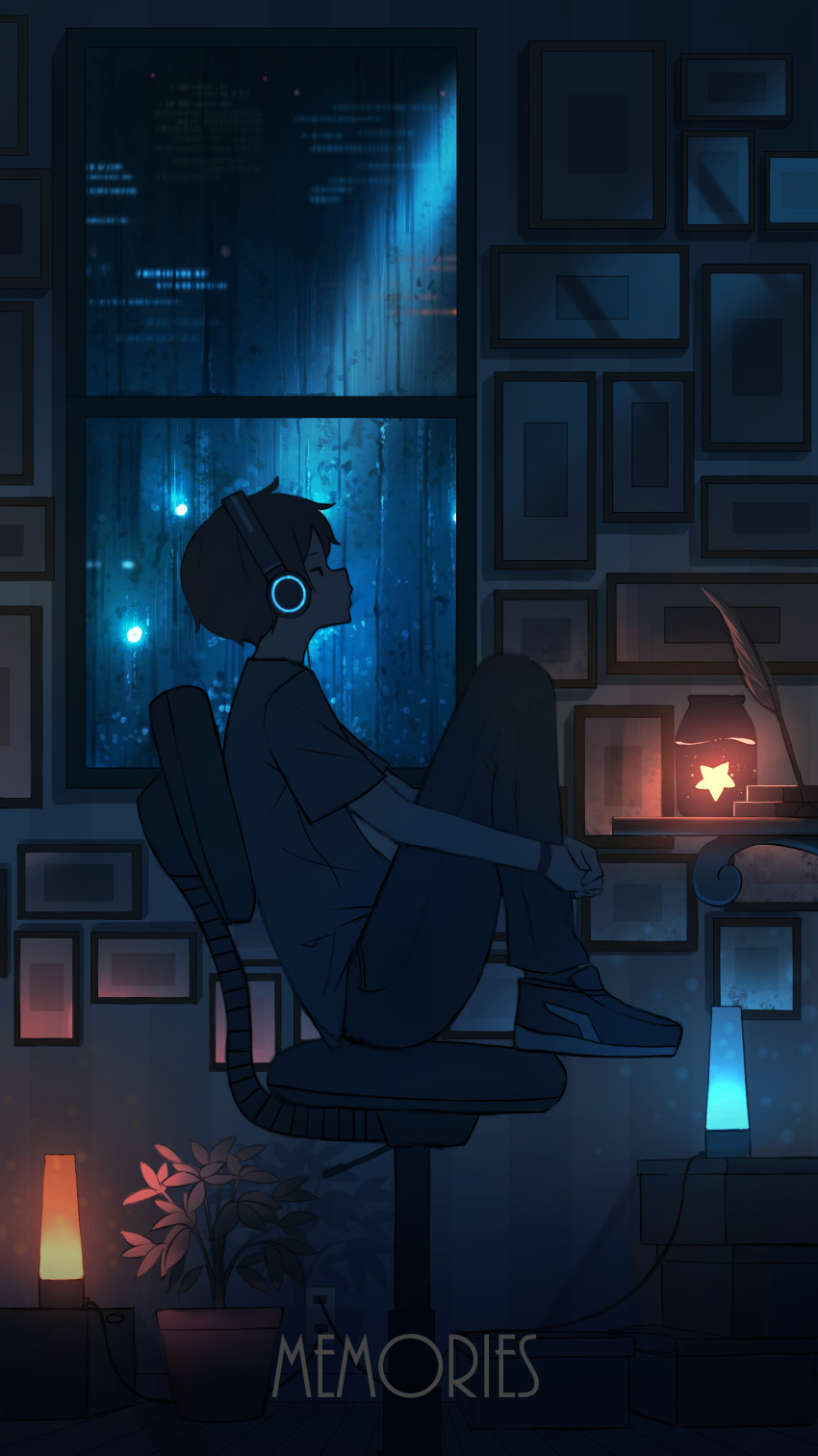 1boy absurdres black_hair chair clip_studio_paint_(medium) closed_eyes drawing_(object) headphones highres hugging_own_legs indoors lava_lamp male_focus night original pasoputi plant potted_plant profile rain scenery shirt sitting star_(symbol) t-shirt window wristband