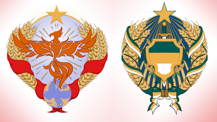 2020 avian beak coat_of_arms communism european_mythology feathers feral globe gradient_background greek_mythology heraldry hi_res melee_weapon mythological_avian mythological_bird mythological_creature mythological_firebird mythology phoenix politics red_body red_feathers ribbons russian shield simple_background soviet_union star sword thepimpartist traditional_media_(artwork) weapon wheat