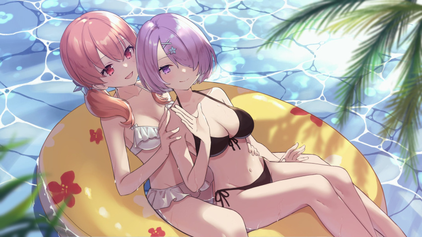 .live 2girls bikini black_bikini breasts hair_between_eyes hair_ornament hair_over_one_eye highres innertube kiso_azuki kitakami_futaba medium_breasts midriff multiple_girls navel open_mouth purple_eyes purple_hair red_eyes red_hair stomach swim_ring swimsuit twintails virtual_youtuber water white_bikini yu_ri_0320