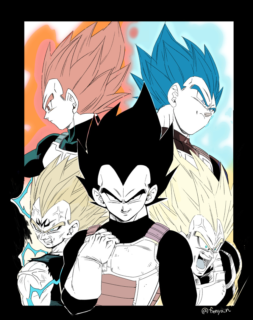 1boy absurdres anger_vein angry aqua_eyes arm_at_side armor artist_name black_bodysuit black_eyes black_hair blue_hair bodysuit border clenched_hand clenched_teeth commentary_request dragon_ball dragon_ball_super dragon_ball_z electricity expressionless fenyon frown gloves grey_eyes hand_up highres looking_afar looking_at_viewer looking_down lower_teeth_only majin_vegeta male_focus multiple_views muscular muscular_male open_mouth outline profile red_hair saiyan_armor scratches screaming serious smirk spiked_hair super_saiyan super_saiyan_1 super_saiyan_2 super_saiyan_blue super_saiyan_god teeth twitter_username upper_body upper_teeth_only vegeta veins veiny_arms white_border white_gloves white_outline widow's_peak