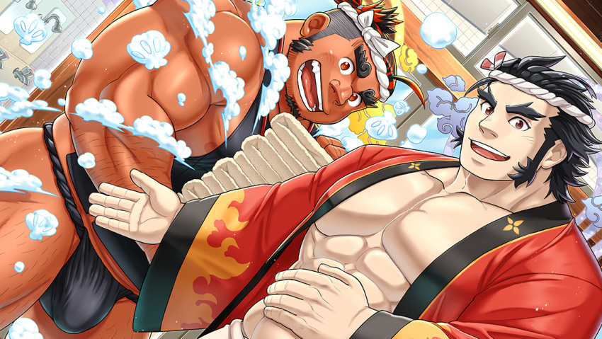 2boys abs ahoge alt_text arm_hair bara bare_pectorals bare_shoulders beckoning black_fundoshi black_hair black_tank_top blush bubble bulge carrying commentary_request dark-skinned_male dark_skin ei_(marutendon) facial_hair forked_eyebrows fundoshi goatee hachimaki halo halo_behind_head headband indoors japanese_clothes jewelry large_pectorals leg_hair long_sideburns looking_at_viewer male_focus mature_male multicolored_hair multiple_boys muscular muscular_male necklace nipples official_art onamuchi_(housamo) open_clothes open_mouth open_robe orange_eyes orange_hair outstretched_hand pectorals red_eyes red_robe robe sarutahiko_(housamo) short_hair sideburns sidepec smile tank_top teeth thick_arms thick_eyebrows thick_thighs thighs third-party_source tokyo_afterschool_summoners towel two-tone_hair undercut