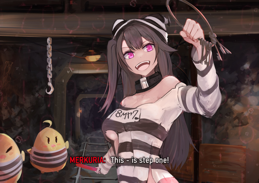 azur_lane bird black_hair breasts call_of_duty call_of_duty:_black_ops chick dress female hat key large_breasts long_hair long_sleeves looking_at_viewer manjuu_(azur_lane) marshall_k mine_(place) official_alternate_costume open_mouth pamiat_merkuria_(azur_lane) pamiat_merkuria_(caged_minx)_(azur_lane) parody prison_clothes purple_eyes scene_reference smile striped_clothes striped_headwear subtitled torn_clothes torn_dress