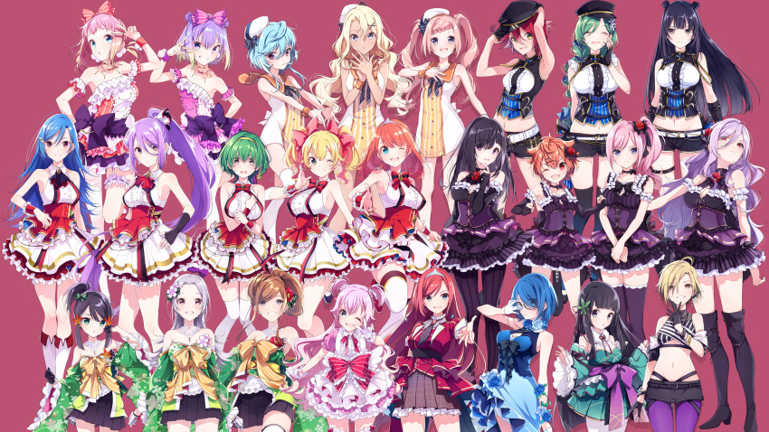 6+girls absurdres ahoge alpha_(lapis_re:lights) angelica_(lapis_re:lights) angers_(lapis_re:lights) ashley_(lapis_re:lights) black_hair blonde_hair blue_hair blunt_bangs boots bow breasts brown_hair camilla_(lapis_re:lights) champe_(lapis_re:lights) chloe_(lapis_re:lights) dress elbow_gloves eliza_(lapis_re:lights) emilia_(lapis_re:lights) everyone fiona_(lapis_re:lights) frilled_dress frills garnet_(lapis_re:lights) gloves green_eyes hair_ribbon hairband hairbow hand_on_own_hip hat highres idol kaede_(lapis_re:lights) lapis_re:lights large_breasts lavie_(lapis_re:lights) long_hair lucifer_(lapis_re:lights) lynette_(lapis_re:lights) maryberry_(lapis_re:lights) medium_breasts medium_hair midriff millefeuille_(lapis_re:lights) miniskirt multiple_girls nadeshiko_(lapis_re:lights) navel one_eye_closed open_mouth pink_background pink_hair pleated_skirt ratura_(lapis_re:lights) red_hair ribbon rosetta_(lapis_re:lights) salsa_(lapis_re:lights) self-upload side_ponytail simple_background skirt sleeveless sleeveless_dress smile thigh_boots thighhighs third-party_edit tiara_(lapis_re:lights) tsubaki_(lapis_re:lights) twintails wrist_cuffs yue_(lapis_re:lights) yuzuriha_(lapis_re:lights) zettai_ryouiki