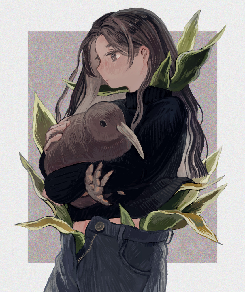 animal bad_id bad_pixiv_id bird black_shirt blue_pants blush brown_hair commentary cowboy_shot expressionless female hanio3 highres holding holding_animal holding_bird kiwi_(bird) leaf long_hair long_sleeves open_fly original pants plant profile shirt solo