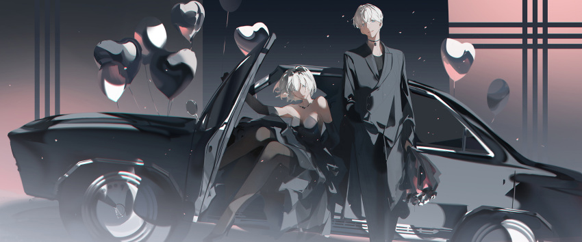 1boy 2b_(nier:automata) 9s_(nier:automata) android balloon black_dress blue_eyes bouquet breasts car chanc030 choker cleavage dress female flower heart_balloon highres holding holding_bouquet light_particles looking_at_viewer motor_vehicle nier:automata nier_(series) no_blindfold open_door pantyhose short_hair sitting standing white_hair