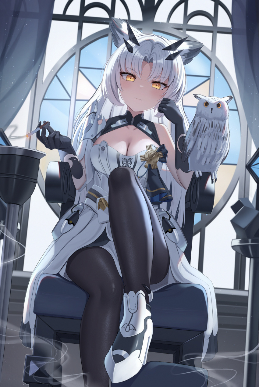 animal_ears armor armored_dress bare_shoulders bird black_gloves black_pantyhose breasts cigar cigarette cleavage dress female gloves highres holding holding_cigarette horns indoors large_breasts leg_up long_hair looking_at_viewer mirufuaa original owl pantyhose sitting solo thighs white_dress white_footwear white_hair yellow_eyes