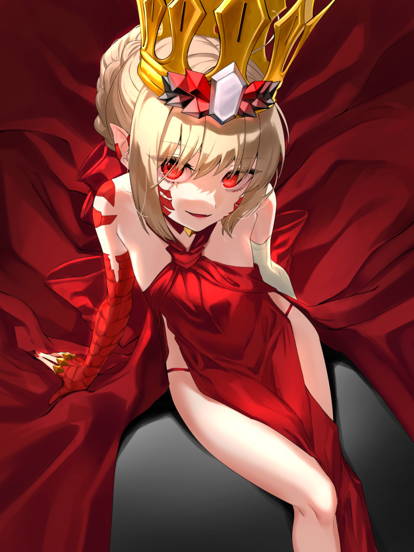 bare_shoulders blonde_hair breasts crown dress elbow_gloves facial_mark fate/grand_order fate_(series) female gloves hair_bun highres hijiri_(sacra_0419) looking_at_viewer nero_claudius_(fate) pointy_ears queen_draco_(fate) queen_draco_(first_ascension)_(fate) red_dress red_eyes red_nails scales single_glove sitting small_breasts smile solo white_gloves