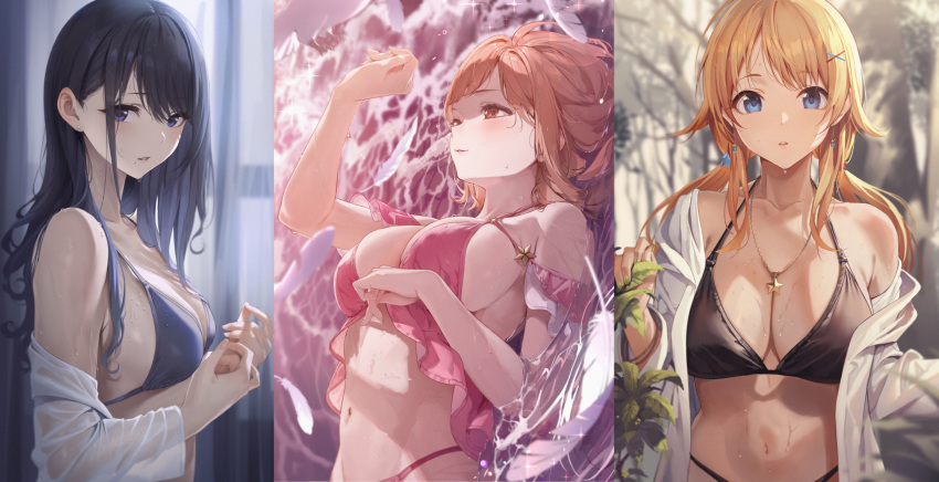 3girls bikini bikini_under_clothes black_bikini black_hair blonde_hair blush breasts brown_hair cleavage commentary_request falling_feathers feathers hachimiya_meguru hair_flaps halterneck highres idolmaster idolmaster_shiny_colors illumination_stars_(idolmaster) jacket jacket_over_swimsuit jewelry kazano_hiori large_breasts long_hair looking_ahead looking_at_viewer lying medium_breasts multiple_girls navel necklace on_back pink_bikini sakuragi_mano shirt sideways single_bare_shoulder sola_(solo0730) star_(symbol) star_necklace stitched stomach sweat swimsuit twintails upper_body wet wet_clothes wet_shirt white_jacket white_shirt