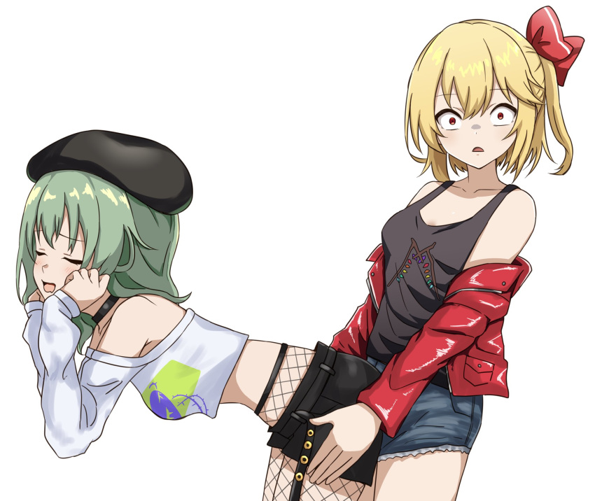 2girls alternate_costume bare_shoulders bent_over black_choker black_hair black_shorts black_tank_top blonde_hair blush bow breasts choker closed_eyes commentary_request denim denim_shorts drooling dry_humping fishnet_pantyhose fishnets flandre_scarlet green_hair hair_between_eyes hairbow hands_on_another's_hips hat highres humping jacket komeiji_koishi long_sleeves looking_at_viewer masho_makamaka medium_breasts mouth_drool multiple_girls off_shoulder one_side_up open_clothes open_jacket pantyhose red_bow red_eyes shirt short_hair short_shorts shorts simple_background small_breasts tank_top touhou white_background yuri