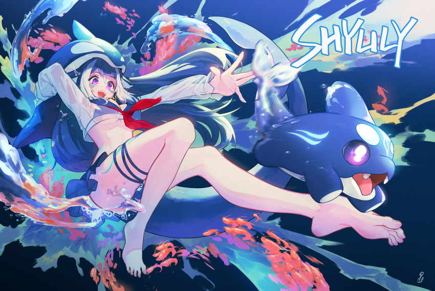 absurdres barefoot bikini blue_bikini blue_hair breasts cetacean_tail character_name commentary cropped_shirt english_commentary female fins fish_tail full_body highres indie_virtual_youtuber large_breasts long_hair multicolored_hair neckerchief orca_girl red_neckerchief see-through see-through_shirt shirt shylily shylily_(bikini) swimsuit tail tanziya_(codlxcold) toes two-tone_hair very_long_hair virtual_youtuber white_hair white_shirt