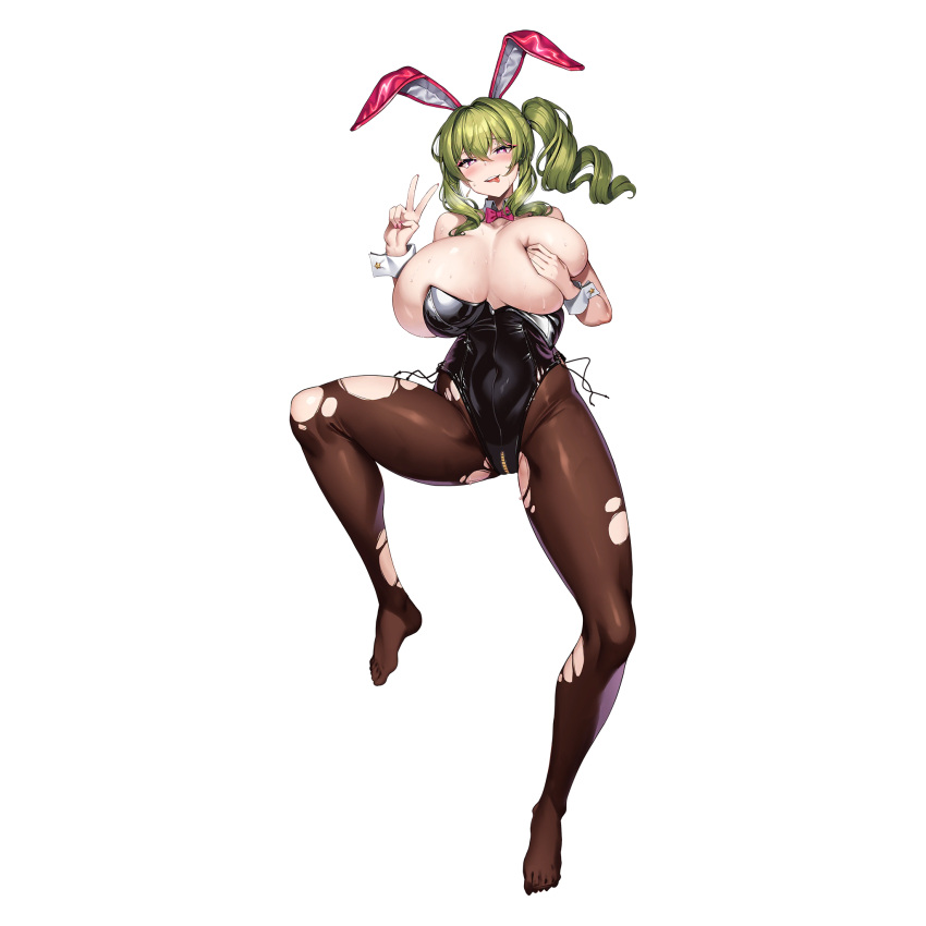 animal_ears bare_arms bare_shoulders black_leotard blush bow bowtie breasts breasts_apart brown_pantyhose bursting_breasts collarbone covered_navel covering_nipples covering_privates crotch_zipper detached_collar drill_hair drill_ponytail drill_sidelocks erato_(last_origin) fake_animal_ears female green_hair groin_tendon hair_between_eyes heart heart-shaped_pupils highleg highleg_leotard highres huge_breasts kirome_(kamipaper) last_origin leg_up leotard looking_at_viewer lying medium_hair nail_polish official_alternate_costume official_art on_back pantyhose pink_bow pink_nails playboy_bunny purple_eyes rabbit_ears side-tie_leotard sidelocks simple_background skindentation smile solo spread_legs sweat symbol-shaped_pupils tachi-e teeth thick_thighs thighs third-party_source tongue tongue_out torn_clothes torn_pantyhose transparent_background upper_teeth_only v white_wrist_cuffs wrist_cuffs zipper