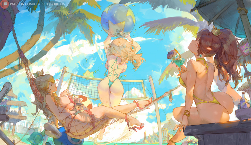 3girls alternate_breast_size ass backboob ball barefoot beachball blonde_hair blue_sky bottle breasts brown_hair casual_one-piece_swimsuit cataquack cloud crown cup cutesexyrobutts day drink feet foot_out_of_frame from_behind green_one-piece_swimsuit highres holding holding_cup jumping large_breasts legs long_hair looking_at_viewer luma_(mario) lying mario_(series) multiple_girls on_back one-piece_swimsuit outdoors palm_tree parasol patreon_logo patreon_username princess_daisy princess_peach red_footwear red_one-piece_swimsuit red_toad_(mario) rosalina sandals shine_sprite shoes sideboob sitting sky soles strappy_heels swimsuit toad_(mario) toes tree umbrella volleyball volleyball_net wing_cap wing_mario yellow_one-piece_swimsuit