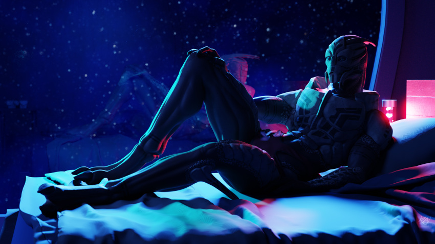 16:9 3d_(artwork) alien anthro bed bioware blue_eyes clothing digital_media_(artwork) electronic_arts furniture hand_on_knee hand_on_leg hi_res kagekave lamp lava_lamp lying male mass_effect muscular muscular_anthro muscular_male on_bed reclining reflection solo space turian underwear widescreen window