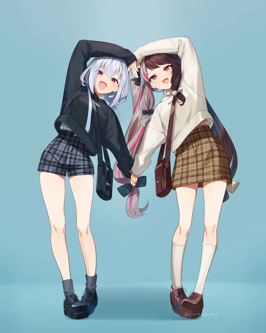 2girls :3 :d absurdres aqua_background bag black_bow black_footwear black_sweater blue_shorts blue_socks bow brown_footwear brown_hair brown_skirt clothes_writing commentary_request full_body grey_hair hairbow hakase_fuyuki heart heart_arms heart_arms_duo high-waist_shorts high-waist_skirt highres holding_hands kneehighs leaning_to_the_side long_hair long_sleeves looking_at_viewer miniskirt multicolored_hair multiple_girls nijisanji ninahachi open_mouth pink_hair plaid plaid_shorts plaid_skirt platform_footwear red_eyes shoes shorts shoulder_bag sidelocks simple_background skirt sleeves_past_wrists smile socks standing streaked_hair sweater twintails twitter_username two-tone_hair very_long_hair virtual_youtuber white_bow white_socks white_sweater yorumi_rena