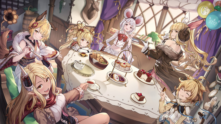 6+girls andira_(granblue_fantasy) anila_(granblue_fantasy) animal_ears back balloon barrel basket bell blonde_hair blush book bow brooch cake cherry commentary_request cookie cup curtains deer_head dog_ears dog_girl dog_tail doughnut draph earrings eating erune fake_animal_ears food fruit fur_trim granblue_fantasy hair_ornament hairclip harvin heart heart_brooch hentai_kuwa highres horn_tubes horns jewelry jingle_bell kumbhira_(granblue_fantasy) licking_lips long_hair looking_at_viewer looking_back mahira_(granblue_fantasy) midriff monkey_ears muffin multiple_girls nail_polish navel open_mouth paw_pose photoshop_(medium) plate pleated_skirt pudding red_eyes ribbon sandwich sitting skirt spoon strawberry table tablecloth tail tail_ornament tail_ribbon teacup teapot tongue tongue_out trophy_head two_side_up vajra_(granblue_fantasy) vase vikala_(granblue_fantasy) white_hair wide_sleeves window