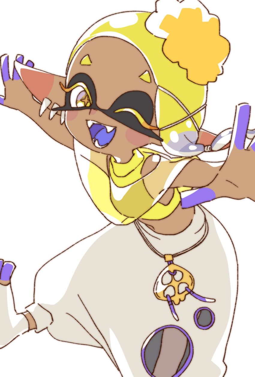 asymmetrical_hair blonde_hair clothing_cutout colored_eyelashes colored_skin colored_tongue crop_top dark-skinned_female dark_skin earrings fangs female food food_on_head frye_(splatoon) hair_ornament hair_tie harem_pants highres inkling jewelry long_pointy_ears looking_at_viewer multicolored_skin multiple_earrings namori object_on_head one_eye_closed open_mouth outstretched_arms pants pointy_ears purple_skin purple_tongue shawl shirt simple_background sleeveless sleeveless_shirt smile socks solo splatoon_(series) splatoon_3 spread_arms star-shaped_pupils star_(symbol) symbol-shaped_pupils tempura tentacle_hair thick_eyebrows toeless_legwear tooth_earrings white_background white_socks x_hair_ornament yellow_eyes yellow_shawl yellow_shirt