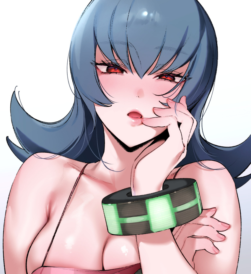 :o arm_under_breasts bare_shoulders black_hair bracelet breasts camisole cleavage collarbone female flipped_hair hair_between_eyes hand_on_own_cheek hand_on_own_face highres hizuki_akira jewelry large_breasts long_hair looking_at_viewer nail_polish pink_camisole pokemon pokemon_hgss red_eyes sabrina_(pokemon) simple_background solo spaghetti_strap upper_body very_long_hair white_background