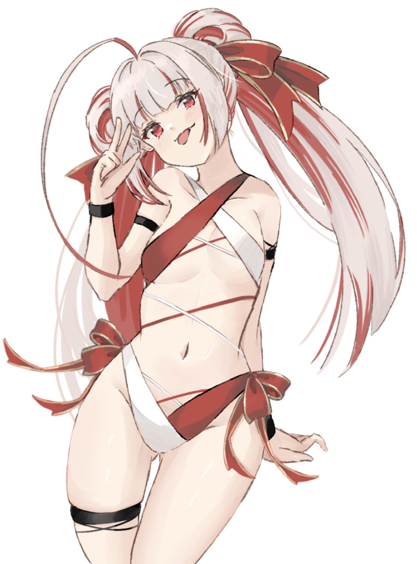 :d :p arm_behind_back arm_strap azur_lane bikini black_wristband blush breasts double_bun female groin hair_bun hair_ribbon hand_up highres hip_focus long_hair medium_breasts mumei_shumi navel red_eyes red_hair red_ribbon ribbon side-tie_bikini_bottom skindentation small_breasts smile solo standing swimsuit thigh_gap thigh_strap thighs tongue tongue_out twintails two-tone_bikini underboob vauquelin_(azur_lane) very_long_hair w_over_eye white_hair wrist_straps