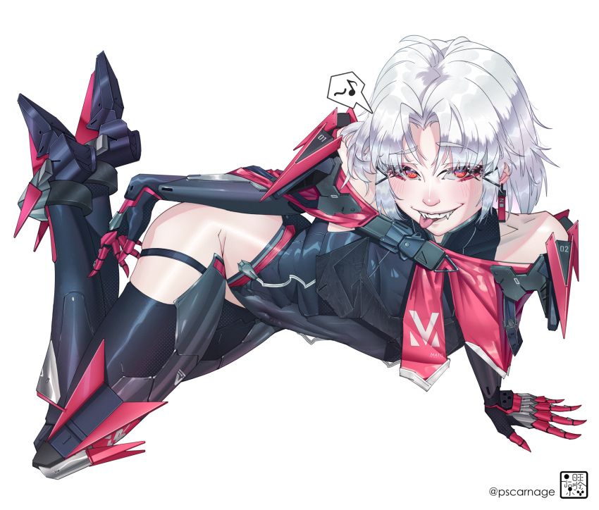 armor bare_shoulders black_leotard breasts drake_(nikke) earrings female gloves goddess_of_victory:_nikke hair_ornament highres jewelry leotard looking_at_viewer open_mouth patricius_carnage red_eyes short_hair simple_background smile solo tongue tongue_out white_hair