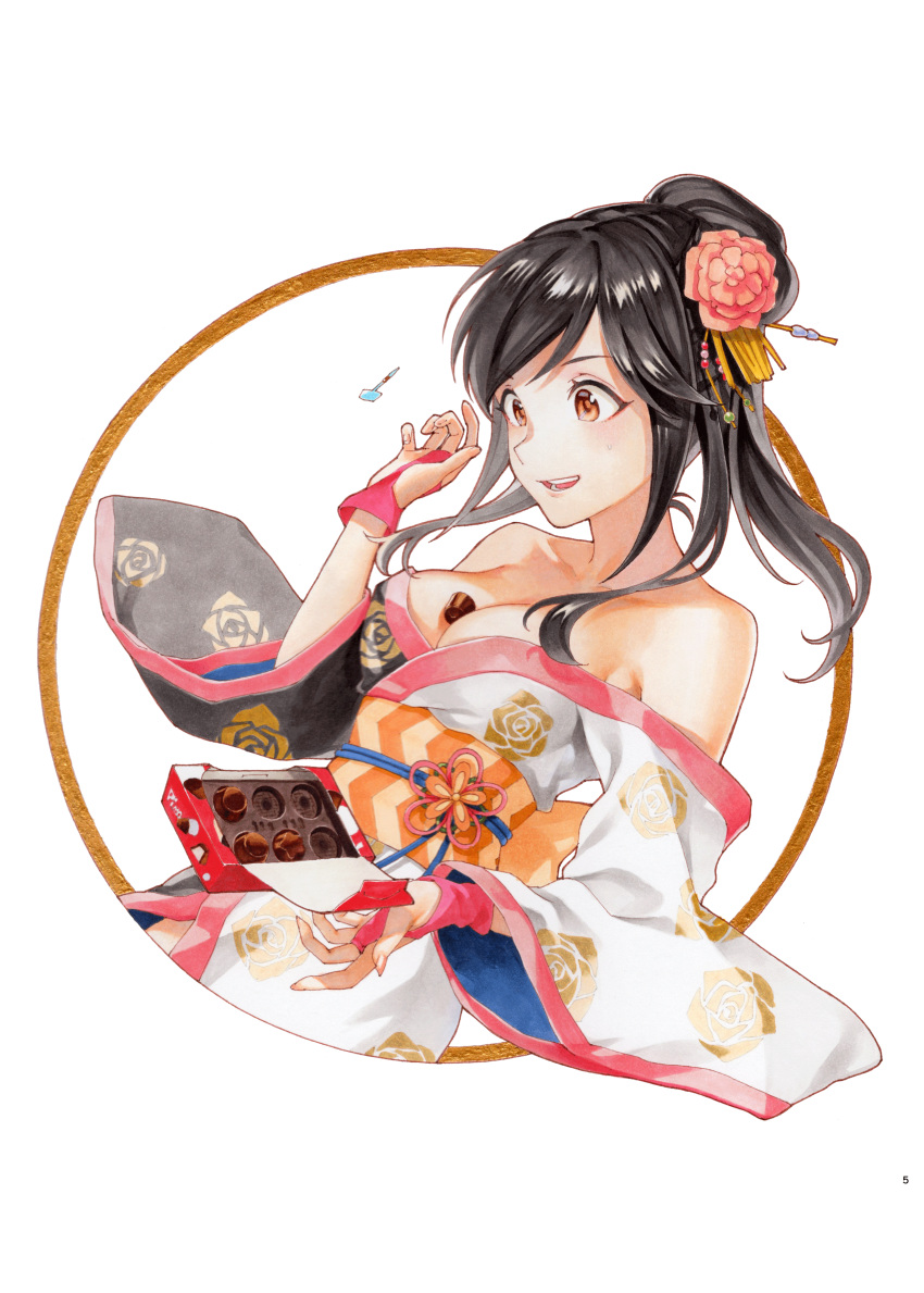 absurdres bare_shoulders between_breasts black_hair box box_of_chocolates breasts brown_hair chocolate cleavage cropped_torso female floral_print hair_bun hair_ornament highres hikonyaaa idolmaster idolmaster_cinderella_girls japanese_clothes kanzashi kimono long_hair marker_(medium) medium_breasts momoi_azuki obi off_shoulder open_mouth rose_print sash smile solo traditional_media