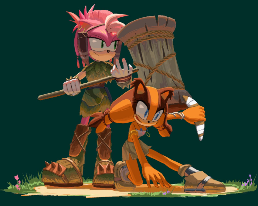 3i8akira amy_rose armlet badger blue_eyes boomerang bottomwear clothing duo eulipotyphlan female fur fur_clothing hammer hedgehog hi_res mammal mustelid musteline orange_body orange_fur pink_body pink_fur sega skirt sonic_boom sonic_the_hedgehog_(series) sticks_the_jungle_badger thorn_rose tools topwear tube_top