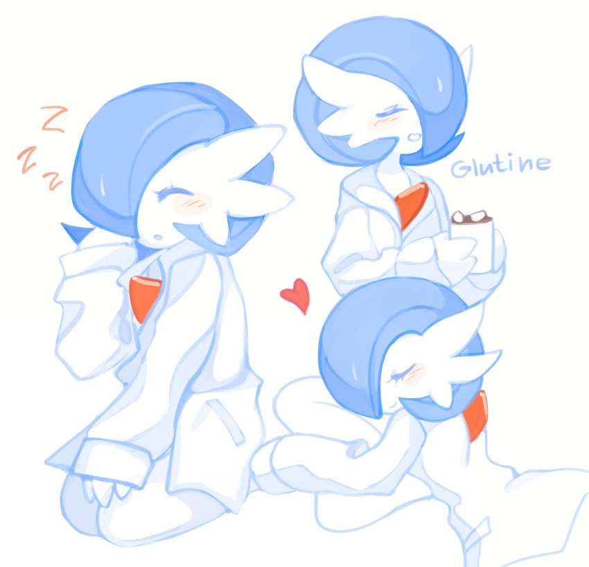 alternate_color artist_name blue_hair blush bob_cut closed_eyes clothed_pokemon colored_skin cup galutine gardevoir hair_over_one_eye heart highres holding holding_cup mug multiple_views parted_lips pillow pokemon pokemon_(creature) shiny_pokemon shirt sleepy smile white_shirt white_skin