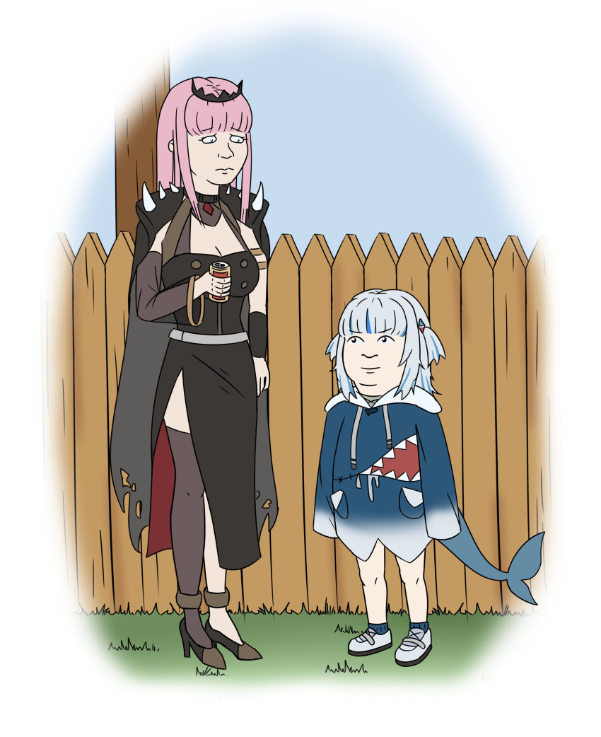 2girls absurdres animal_costume animal_hood black_cape black_dress black_tiara blue_eyes blue_hair blue_hoodie blunt_bangs blush breasts cape cleavage cue_ball_jamal detached_sleeves dress fence fins fish_tail gawr_gura gawr_gura_(1st_costume) grey_hair hair_ornament high_heels highres holding hololive hololive_english holomyth hood hoodie jewelry king_of_the_hill large_breasts long_hair long_sleeves looking_at_viewer mike_judge_(style) mori_calliope mori_calliope_(1st_costume) multicolored_hair multiple_girls open_mouth parody pink_eyes pink_hair red_eyes shark_costume shark_girl shark_hair_ornament shark_hood shark_print shark_tail sharp_teeth single_detached_sleeve smile solo spikes standing streaked_hair style_parody tail teeth thighhighs tiara two_side_up veil virtual_youtuber