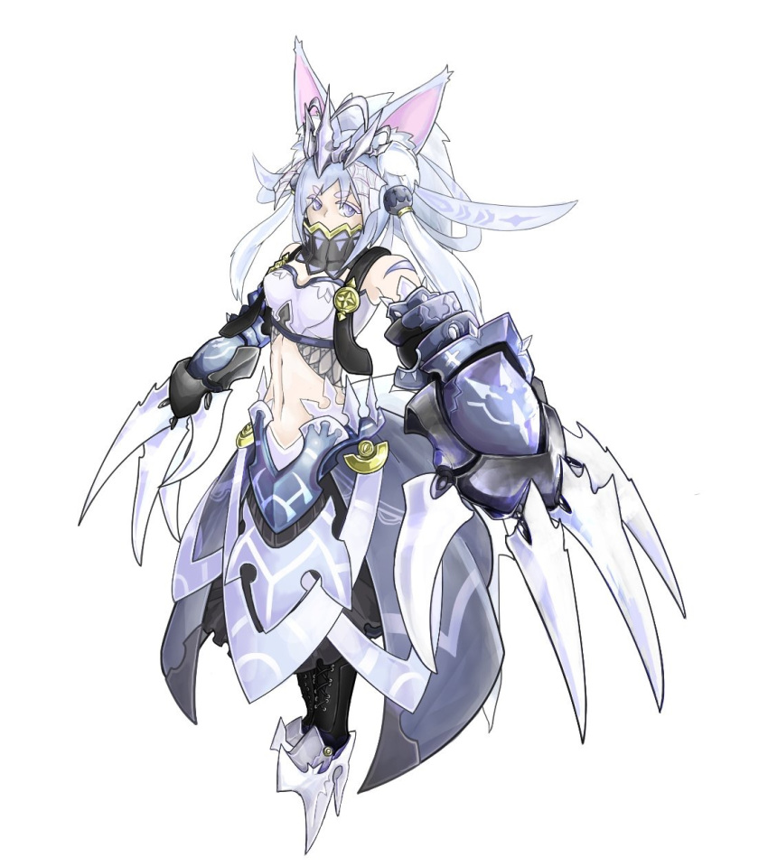 animal_ears armor boots claw_(weapon) clawed_gauntlets commentary_request covered_mouth cross-laced_footwear expressionless female fox_ears gauntlets gorget grey_eyes harness high_heel_boots high_heels highres knight lace-up_boots looking_at_viewer midriff mix_(candlmix) original pale_skin ponytail sidelocks simple_background solo stomach strapless tiara tube_top weapon white_background white_hair