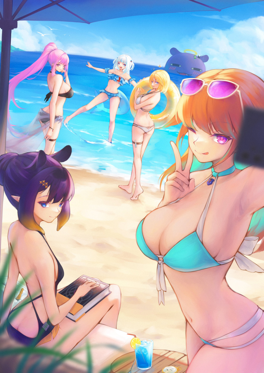 5girls absurdres alternate_costume ao-chan_(ninomae_ina'nis) ass beach bikini black_bikini blonde_hair blue_bikini blue_choker blue_eyes blue_hair blue_sky breasts choker cleavage cloud fins fish_tail frilled_bikini frills gawr_gura green_eyes grey_hair hair_bun highres hololive hololive_english holomyth large_breasts looking_at_viewer mori_calliope multiple_girls navel ninomae_ina'nis one_eye_closed orange_hair pink_hair pointy_ears ponytail purple_eyes purple_hair red_eyes shark_girl shark_tail sky small_breasts smile space_kami swimsuit tail takanashi_kiara takodachi_(ninomae_ina'nis) thigh_strap tongue tongue_out two_side_up v virtual_youtuber water watson_amelia white_bikini