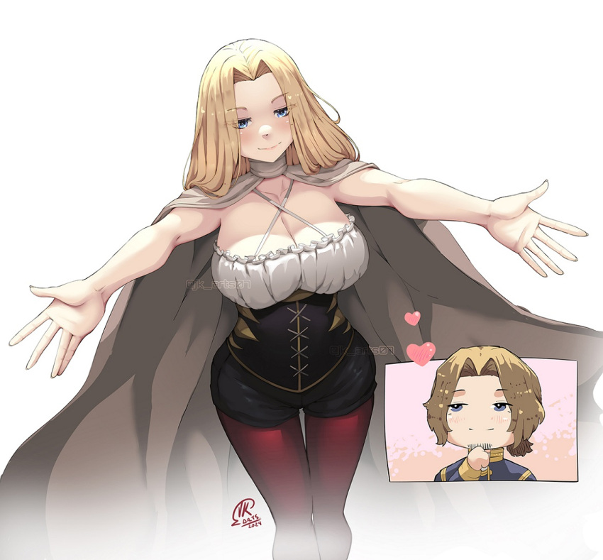 1boy beard_stubble black_corset black_shorts blonde_hair blue_eyes breasts brown_cloak brown_hair cleavage cloak corset facial_hair female hug_invitation jk_arts large_breasts long_hair methode_(sousou_no_frieren) outstretched_arms pantyhose red_pantyhose sein_(sousou_no_frieren) shorts simple_background smile sousou_no_frieren stubble white_background