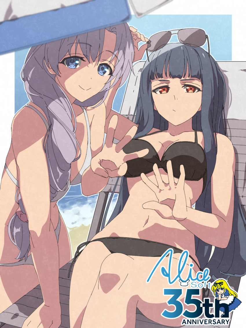 2girls alicesoft anniversary atlach-nacha beach bikini black_bikini blue_eyes blue_hair border breasts chiharu_(9654784) closed_mouth commentary_request highres hirasaka_hatsune holding holding_removed_eyewear large_breasts long_hair looking_at_viewer miyama_kanako multiple_girls navel outside_border purple_hair sitting smile sunglasses swimsuit unworn_eyewear w white_bikini white_border